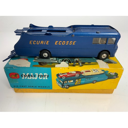 151 - CORGI BOXED, 1126 ECURIE ECOSSE RACING CAR TRANSPORTER, PLUS 3 U/B CARS VANWALL, BRM FORMULAR 1 & 15... 