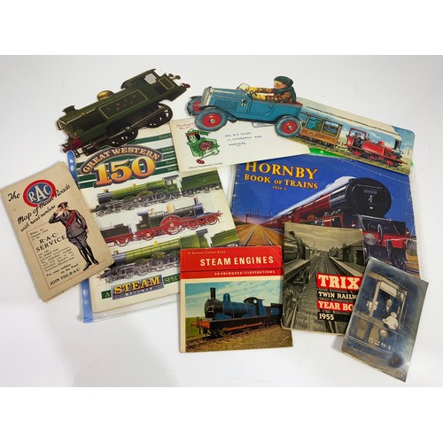 276 - SMALL TRAY OF EPHEMERA, INC. TRIX TWIN RAILWAY YEARBOOK 1955, HORNBY BOOK OF TRAINS 1934-5, RAC ROAD... 