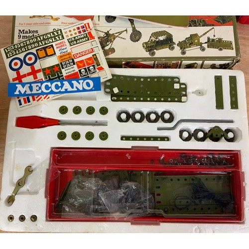 94 - MECCANO, TWO TRAYS OF OLDER MECCANO, PLUS BOXED SETS 5A & 6, , MECCANO COMBAT & MECCANO ARMY MULTIKI... 