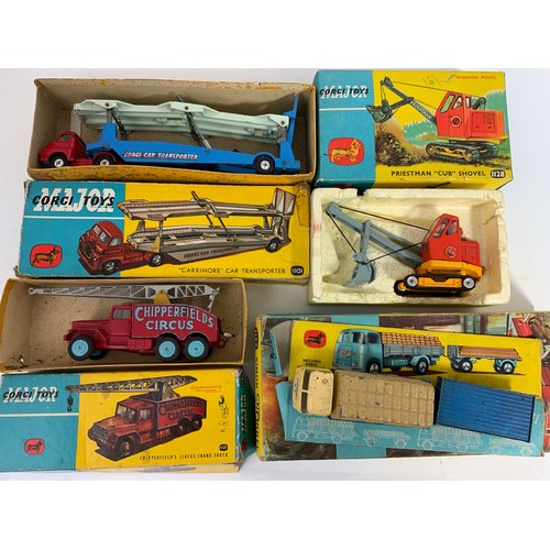 172 - CORGI DIECAST, BOXED PRIESTMAN CUB SHOVEL 1128, CARRIMORE CAR TRANSPORTER 1101, ONE SIDE OF BOX MISS... 