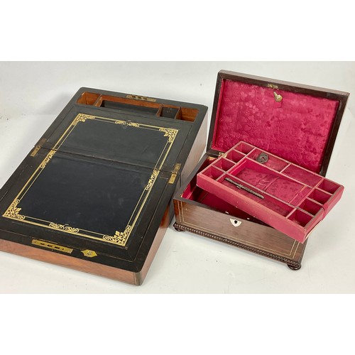 350 - ROSEWOOD JEWELLERY/ SEWING BOX AND A BRASS BOUND WRITING BOX