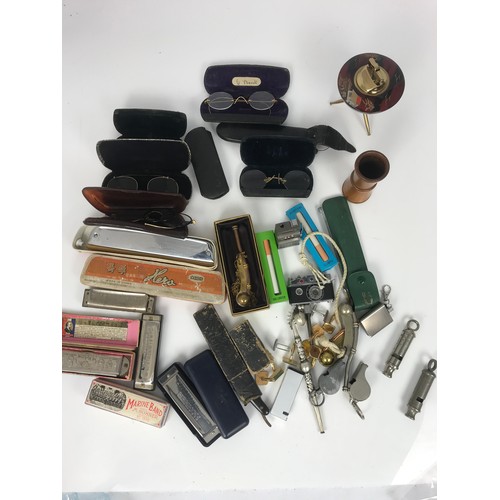 408 - TRAY OF  INTRESTING CURIOS INCLUDING RAZORS, SPECTACLES, HARMONICA’S  ETC