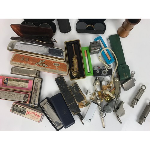 408 - TRAY OF  INTRESTING CURIOS INCLUDING RAZORS, SPECTACLES, HARMONICA’S  ETC