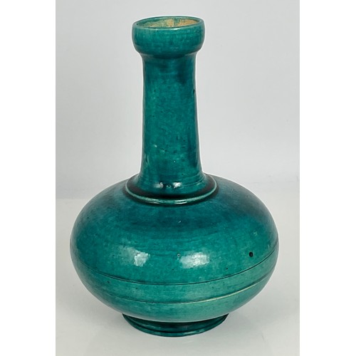 232 - BLUE/ GREEN GLAZED INDIAN VASE, DRILLED FOR LAMP FITMENT, approx. 30 cm tall