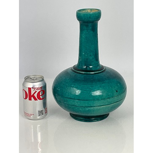 232 - BLUE/ GREEN GLAZED INDIAN VASE, DRILLED FOR LAMP FITMENT, approx. 30 cm tall