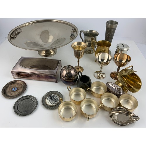 341 - SILVER PLATED WARE INC LARGE BOWL CIGARETTE BOX, TANKARDS ETC INC OTHER METAL WARE