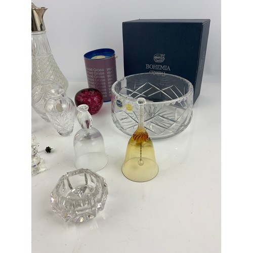 271 - GLASSWARE INC SILVER PLATED CLARET JUG, BOXED WEDGWOOD APPLE PAPERWEIGHT, LARGE PAPERWEIGHT ETC