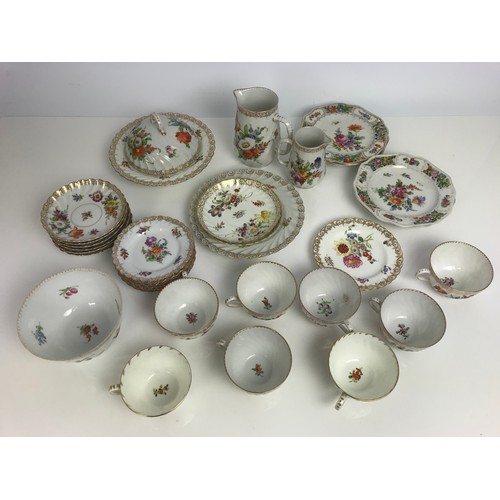 212 - DRESDEN PORCELAIN TEAWARE WITH FLORAL DECORATION INC JUGS, CUPS, SAUCERS