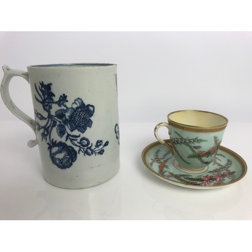 207 - LARGE BLUE & WHITE TANKARD & A HAND PAINTED CUP & SAUCER