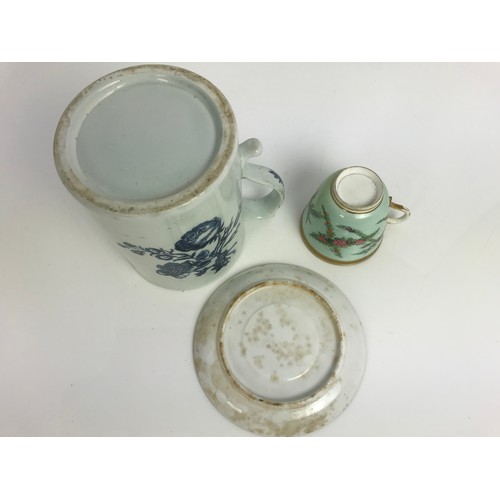 207 - LARGE BLUE & WHITE TANKARD & A HAND PAINTED CUP & SAUCER