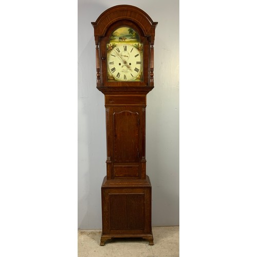 298 - OAK MAHOGANY LONG CASE CLOCK HAVING PAINTED DIAL BY ‘GARRET PETERBORO’ WITH EIGHT DAY MOVEMENT, DATE... 