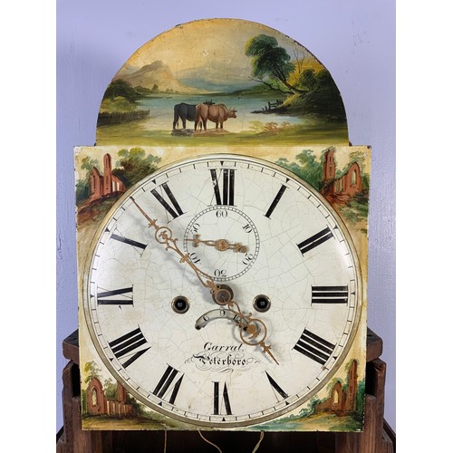 298 - OAK MAHOGANY LONG CASE CLOCK HAVING PAINTED DIAL BY ‘GARRET PETERBORO’ WITH EIGHT DAY MOVEMENT, DATE... 