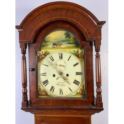 298 - OAK MAHOGANY LONG CASE CLOCK HAVING PAINTED DIAL BY ‘GARRET PETERBORO’ WITH EIGHT DAY MOVEMENT, DATE... 