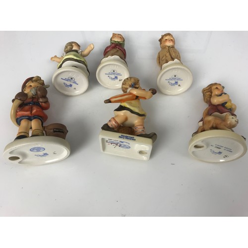 105 - 6 GOEBEL HUMMEL FIGURINES BOXED INC CLEAR AS A BELL, SPRING WALTZ, FIRE FIGHTER ETC