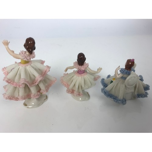 192 - 3 DRESDEN LACE FIGURINES TALLEST 9.8cm