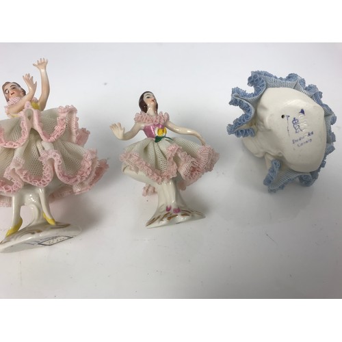 192 - 3 DRESDEN LACE FIGURINES TALLEST 9.8cm