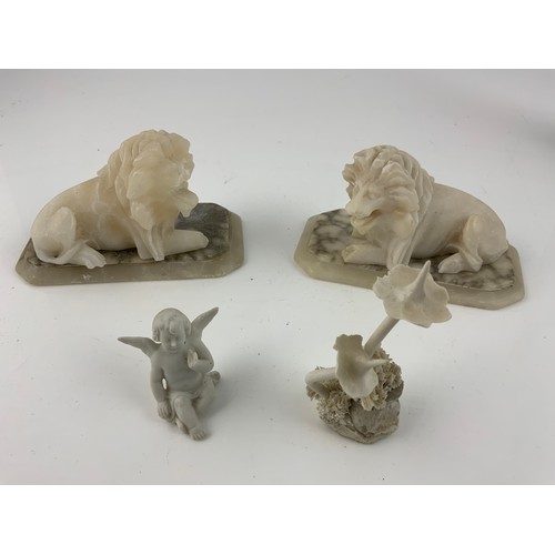 201 - 2 ALABASTER LIONS , CONTINENTAL FIGURINES ETC