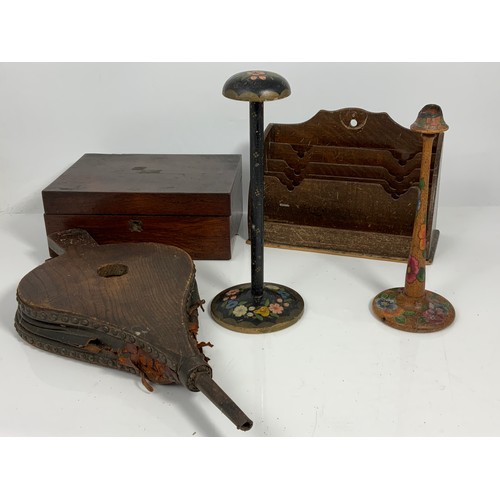 352 - WOODEN BELLOWS, MAHOGANY BOX, PAINTED CANDLE STICK, LACQUERED HAT STAND AND LETTER RACK