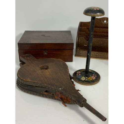 352 - WOODEN BELLOWS, MAHOGANY BOX, PAINTED CANDLE STICK, LACQUERED HAT STAND AND LETTER RACK