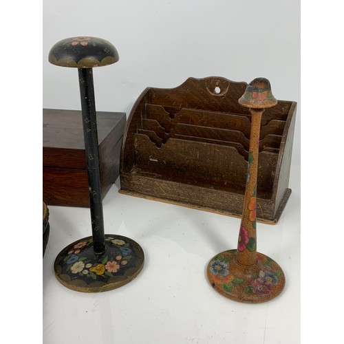 352 - WOODEN BELLOWS, MAHOGANY BOX, PAINTED CANDLE STICK, LACQUERED HAT STAND AND LETTER RACK