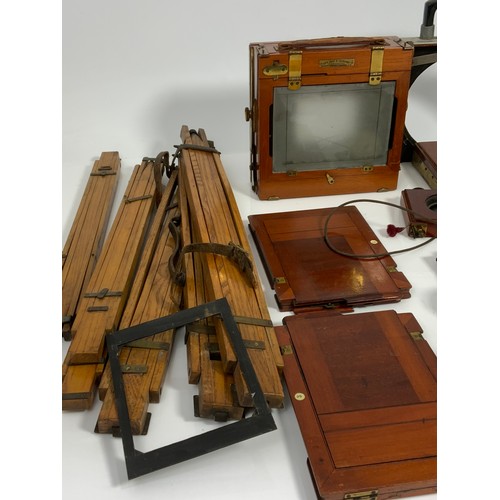 426 - BOX CONTAINING MISCELLANEOUS WOODEN PLATE CAMERA PHOTOGRAPHIC EQUIPMENT, TRIPODS ETC.