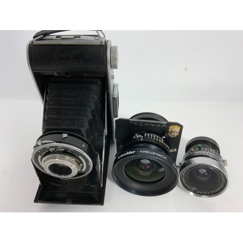 423 - PENTAX SLR CAMERA AND MISCELLANEOUS LENSES TOGETHER WITH AN ENSIGN RANGER II CAMERA AND NO.1A AUTOGR... 