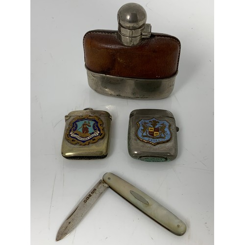 343 - HIP FLASK, 2 VESTA CASES AND A FRUIT KNIFE WITH SILVER HANDLE