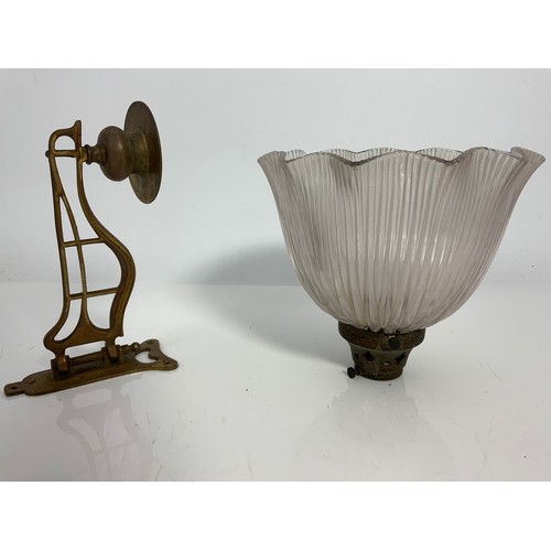 317 - BRASS WALL BRACKET TOGETHER WITH A VINTAGE FLUTED GLASS LIGHT FITTING