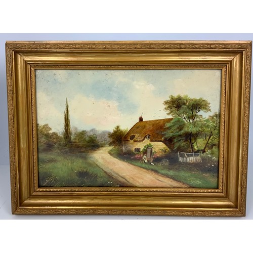 7 - 19TH CENTURY ENGLISH SCHOOL, PR. OILS ON PAPER DEPICTING RURAL COTTAGE SCENES WITH FIGURES, EACH APP... 