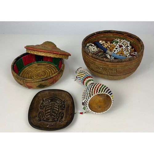 361 - BEADS, SHELLS, BEAD CLAD GOURD, HANDMADE HAIDA FROG DISH AND 2 BASKETS