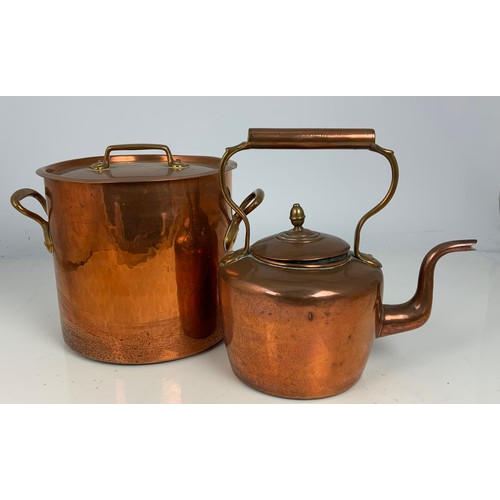 322 - COPPER KETTLE AND LARGE 2 HANDLED COPPER COOKING POT WITH LID