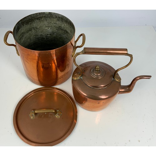 322 - COPPER KETTLE AND LARGE 2 HANDLED COPPER COOKING POT WITH LID