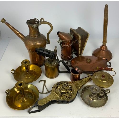 308 - QTY. MISC. COPPER AND BRASSWARE INC. TURKISH COFFEE POT, BELLOWS, SMOKER, PR. BRASS CANDLESTICKS AND... 