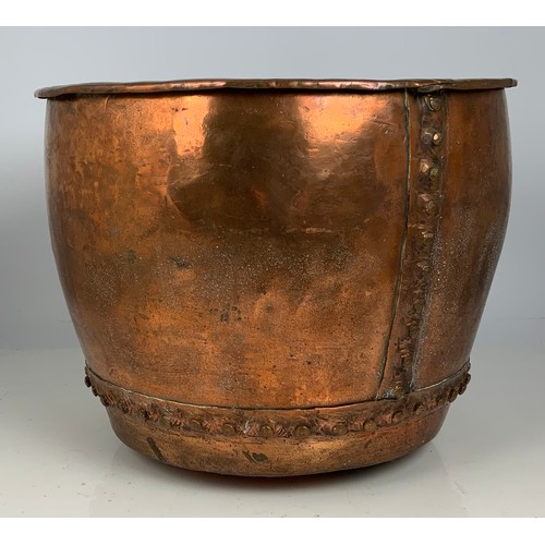 324 - STUDDED COPPER LOG BIN APPROX 49cm DIAMETER, 38cm TALL