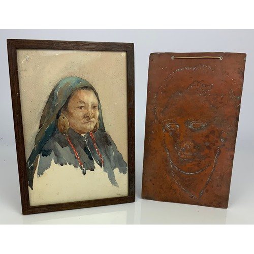 17 - COPPER PANEL AND WATERCOLOUR PORTRAIT OF LADY IN HEAD DRESS ( APPROX 22CM X 27CM)