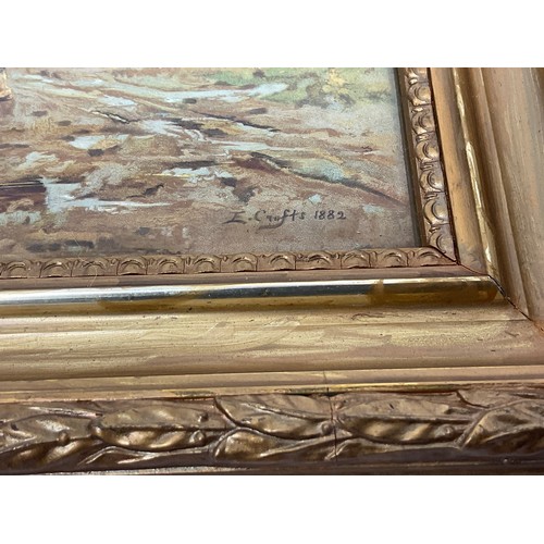 36 - AFTER ERNEST CROFTS, PICTURE DEPICTING 2 MOUNTED CAVALIERS AND A WOODSMAN, GILT FRAME, SIGNATURE LOW... 