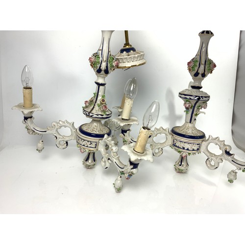 231 - PR. FLOWER ENCRUSTED PORCELAIN 3 BRANCH HANGING CHANDELIERS