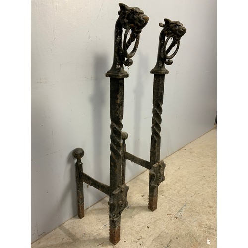 318 - PR. 19TH CENTURY CAST IRON  BOOT SCRAPERS / FIRE DOGS WITH LION HEAD FINIALS