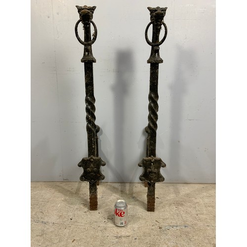 318 - PR. 19TH CENTURY CAST IRON  BOOT SCRAPERS / FIRE DOGS WITH LION HEAD FINIALS