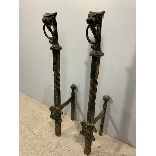 318 - PR. 19TH CENTURY CAST IRON  BOOT SCRAPERS / FIRE DOGS WITH LION HEAD FINIALS