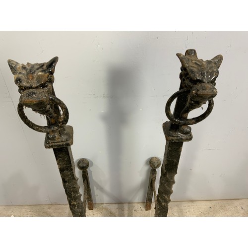 318 - PR. 19TH CENTURY CAST IRON  BOOT SCRAPERS / FIRE DOGS WITH LION HEAD FINIALS