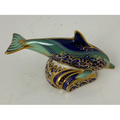 202 - ROYAL CROWN DERBY PAPERWEIGHT WITH GOLD STOPPER ‘BABY BOTTLENOSE DOLPHIN’