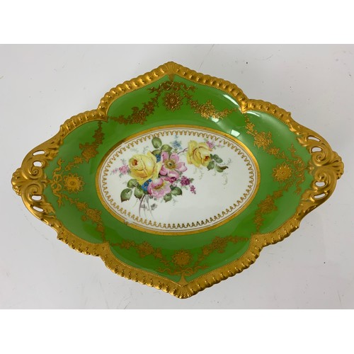 203 - PRETTY HAND PAINTED ROYAL CROWN DERBY DISH DECATED WITH FLOWERS WITH A GREEN AND GILT BORDER