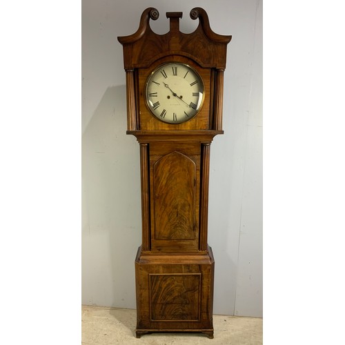 297 - MAHOGANY LONG CASE CLOCK HAVING ROUND PAINTED CONVEX DIAL, 8 DAY MOVEMENT, INDISTINCTLY SIGNED BY AN... 