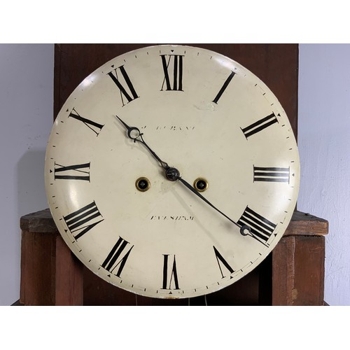 297 - MAHOGANY LONG CASE CLOCK HAVING ROUND PAINTED CONVEX DIAL, 8 DAY MOVEMENT, INDISTINCTLY SIGNED BY AN... 