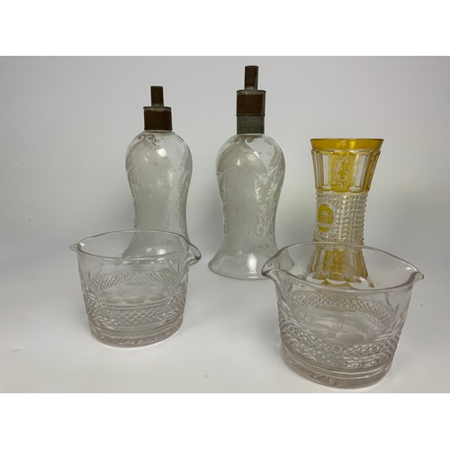 269 - MISC. GLASSWARE INC. PR. ETCHED GLASS SHADES, WHEEL ENGRAVED BOHEMIAN YELLOW GLASS VASE (SLIGHT CHIP... 