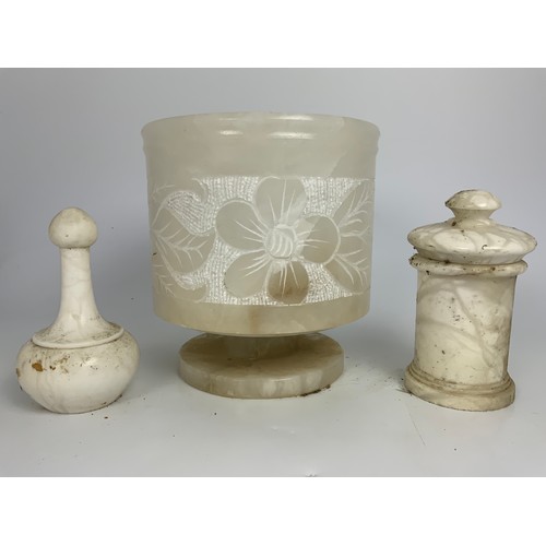 444 - MARBLE JARDINIERE WITH CARVED FLORAL DECORATION, APPROX. 26 cm HIGH AND 2 MARBLE POTS WITH COVERS