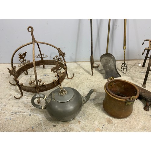 304 - MISC. INC. INSECT CAST IRON BOOT PULL, HANGING RACK, TOASTING FORK AND PART COMPAION SET, PEWTER TEA... 