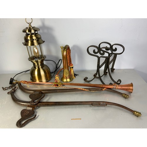 303 - POST HORN , BUGLE, HORSE HAMES AND FIRE DOGS WITH A LAMP