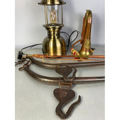 303 - POST HORN , BUGLE, HORSE HAMES AND FIRE DOGS WITH A LAMP